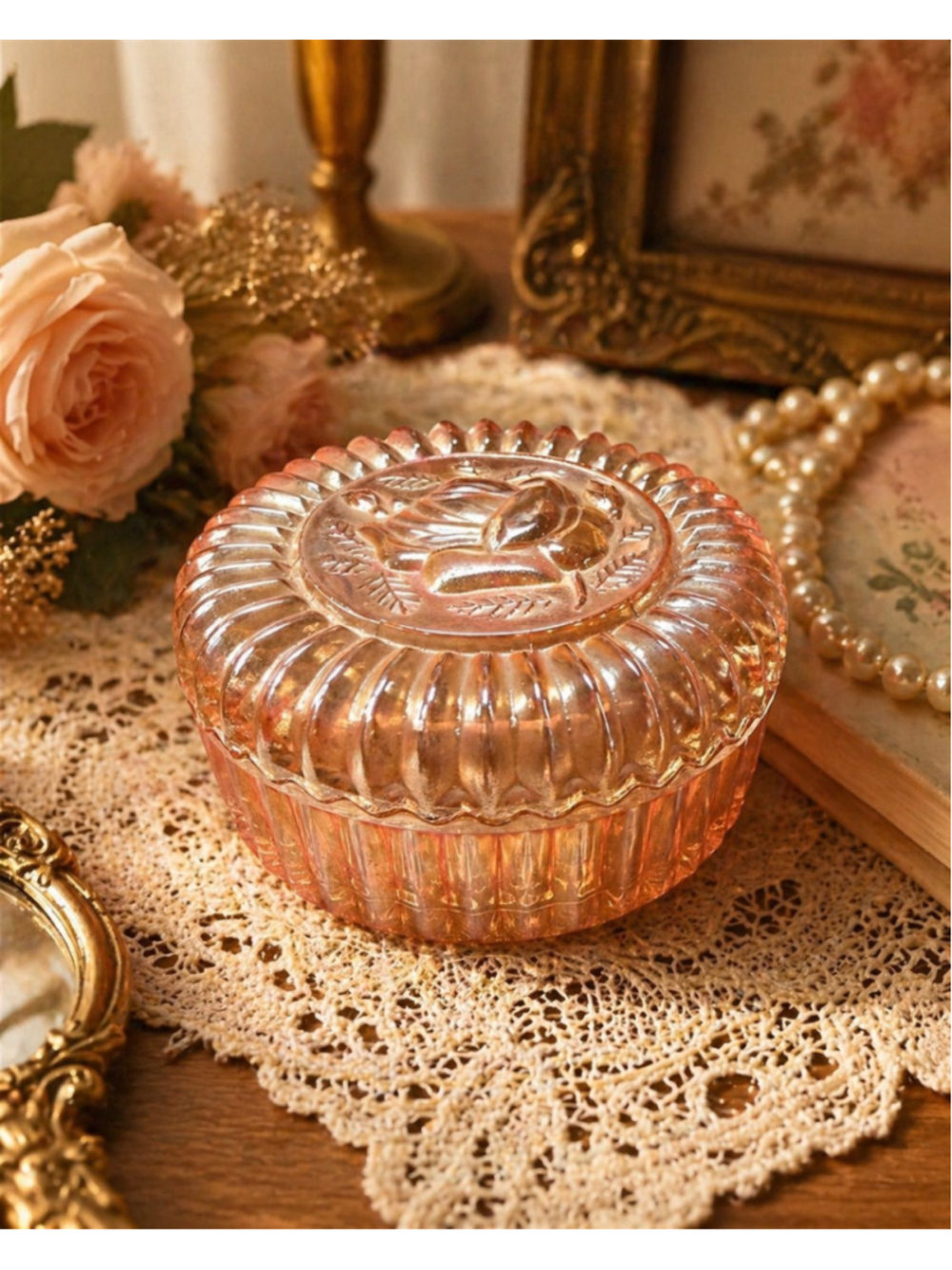 Vintage Carnival Glass Rose Covered Candy Dish Marigold Iridescent Trinket Box C